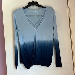 Two tone blue soft and sexy v neck long sleeve shirt